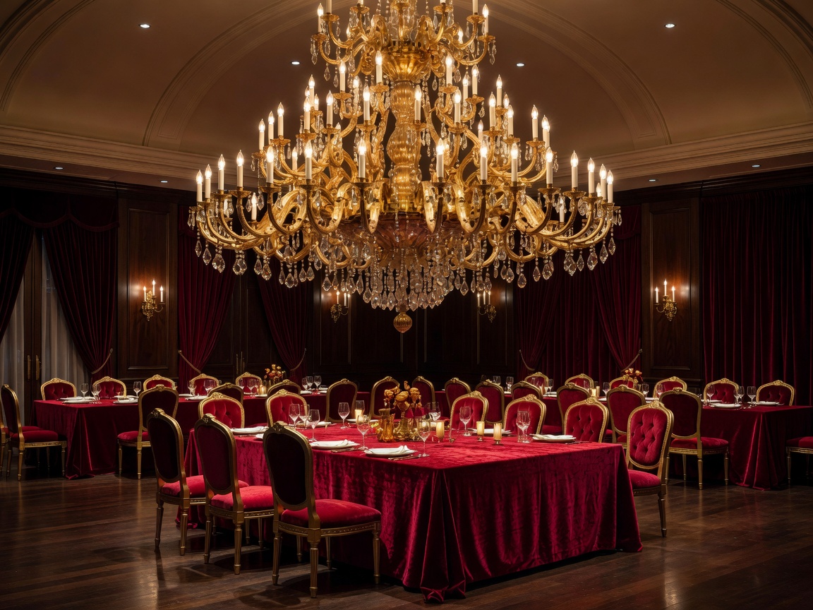 Golden chandelier and velvet banquet interior