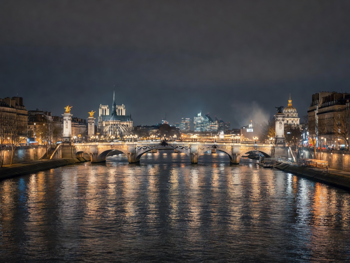 Paris skyline illuminated along river Seine bridges