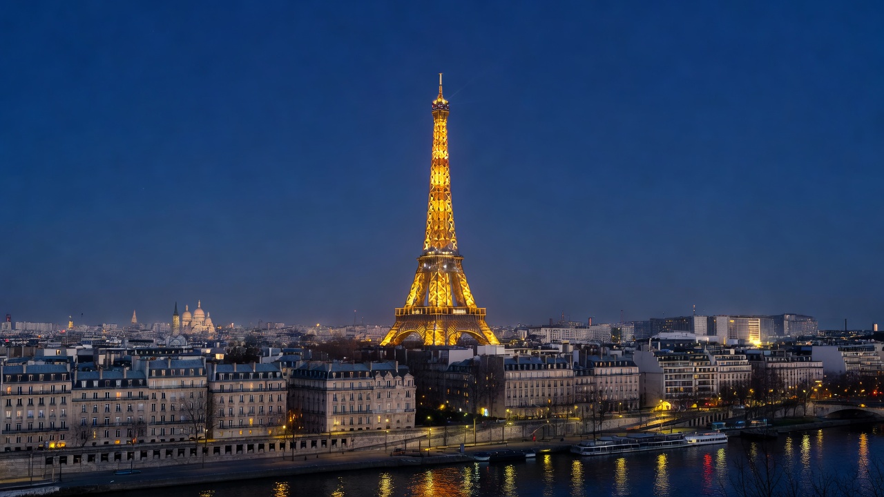Parisian skyline with Eiffel Tower illuminated against deep twilight