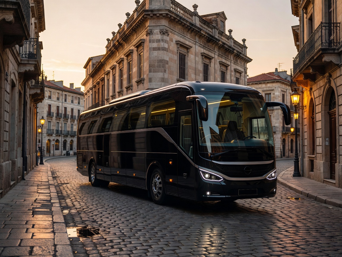 Sleek black luxury coach bus in European evening setting