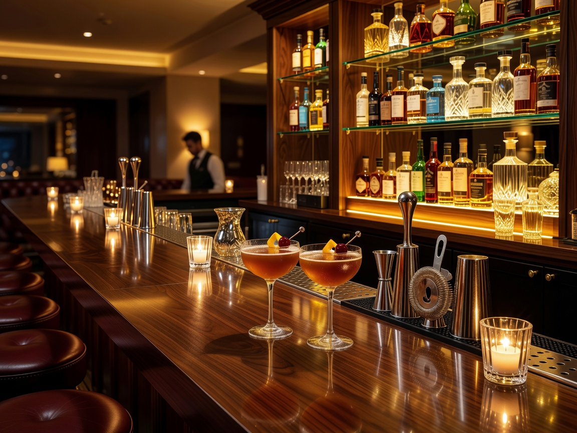 Sophisticated cocktail bar setup with golden reflections